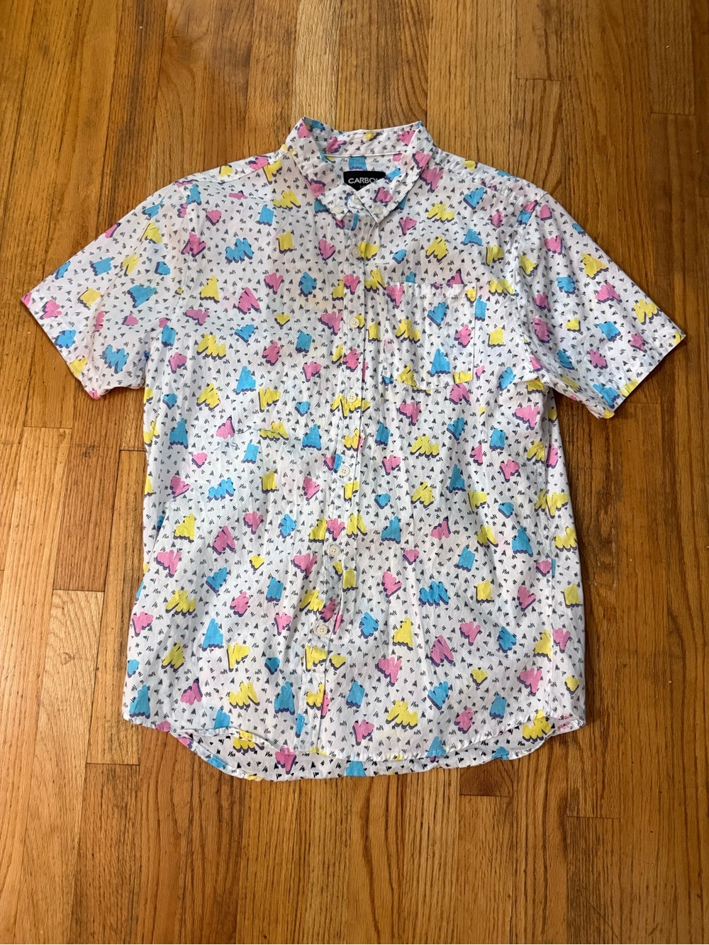 Carbon Men’s L Short-Sleeve Print Shirt - White with Pink, Blue & Yellow 80s